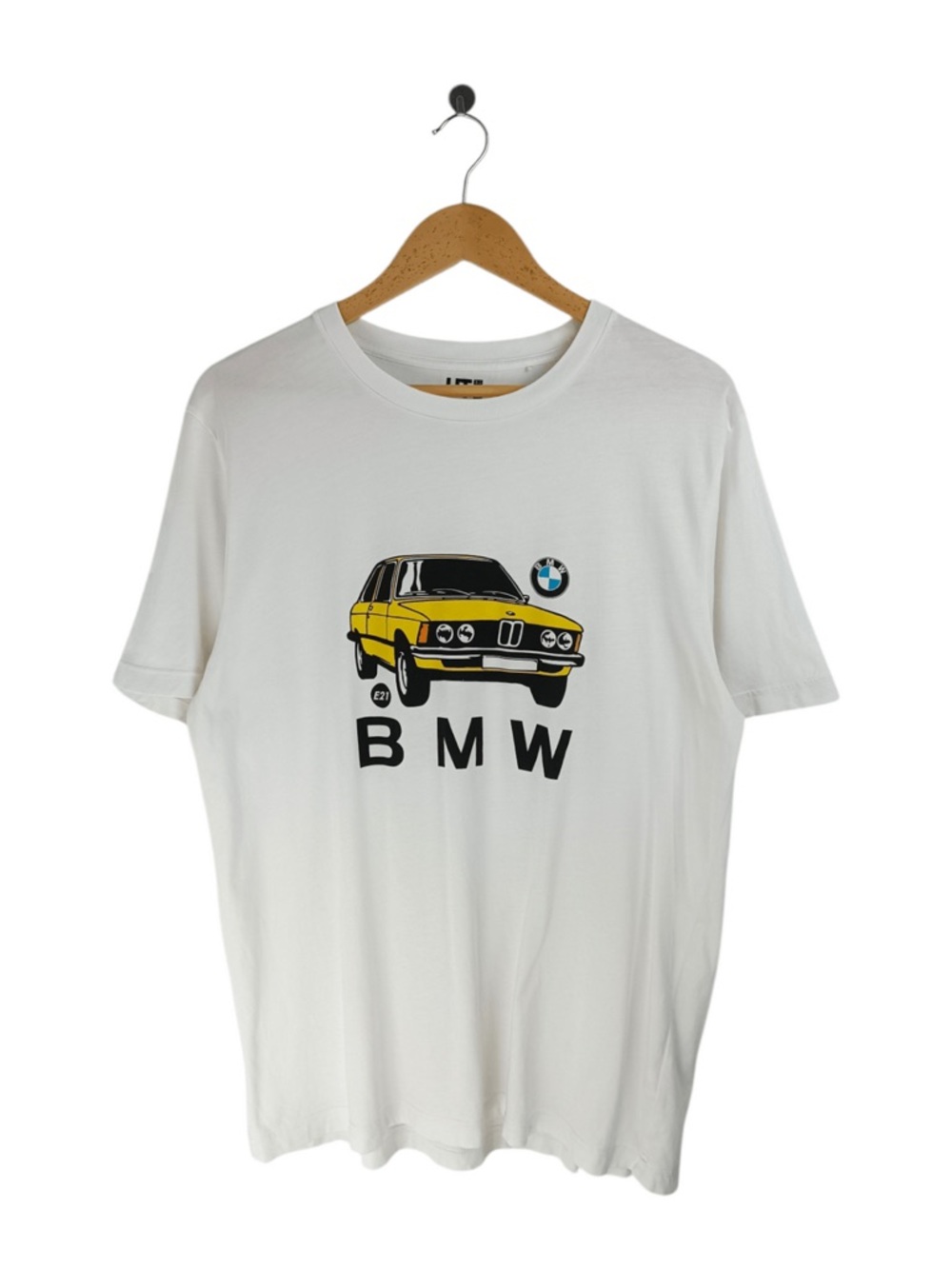 Uniqlo White Short Sleeve Tee with Yellow Car Graphic